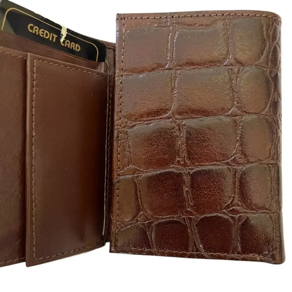 NWT Deadstock Vintage Croc-Embossed Brown Leather Tri-Fold Men's Wallet